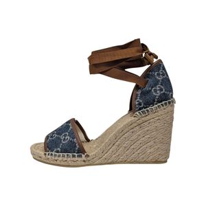 Gucci Pilar GG Monogram Denim D'Orsay Espadrille Wedge Heel Sandal Blue Tan  37